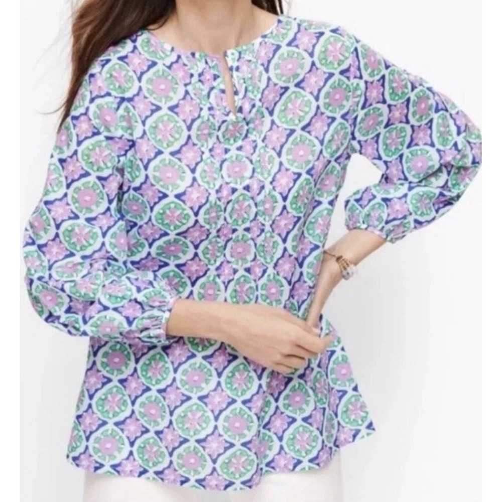 Talbots Cotton Pintuck Popover Top Floral Blouse Lightweight Beach Preppy SmallP